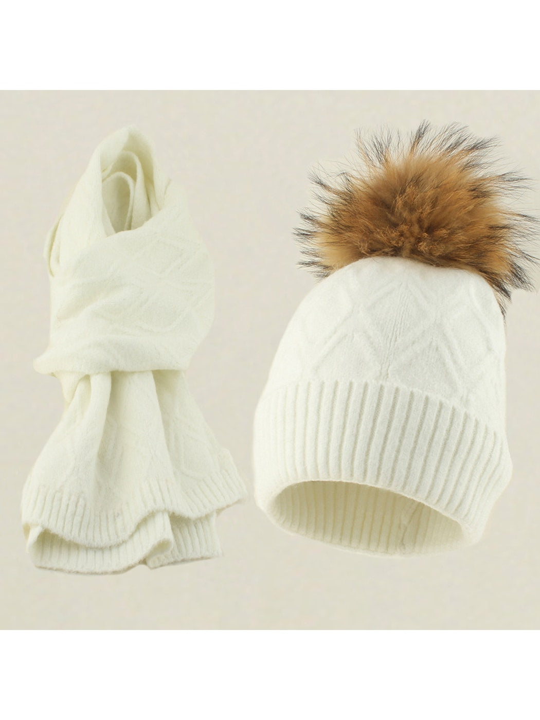 Haila - Women's Fur Pom Knit Hat and Scarf Set