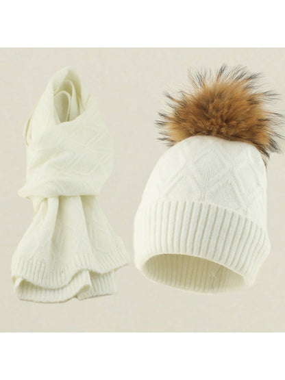 Haila - Women's Fur Pom Knit Hat and Scarf Set