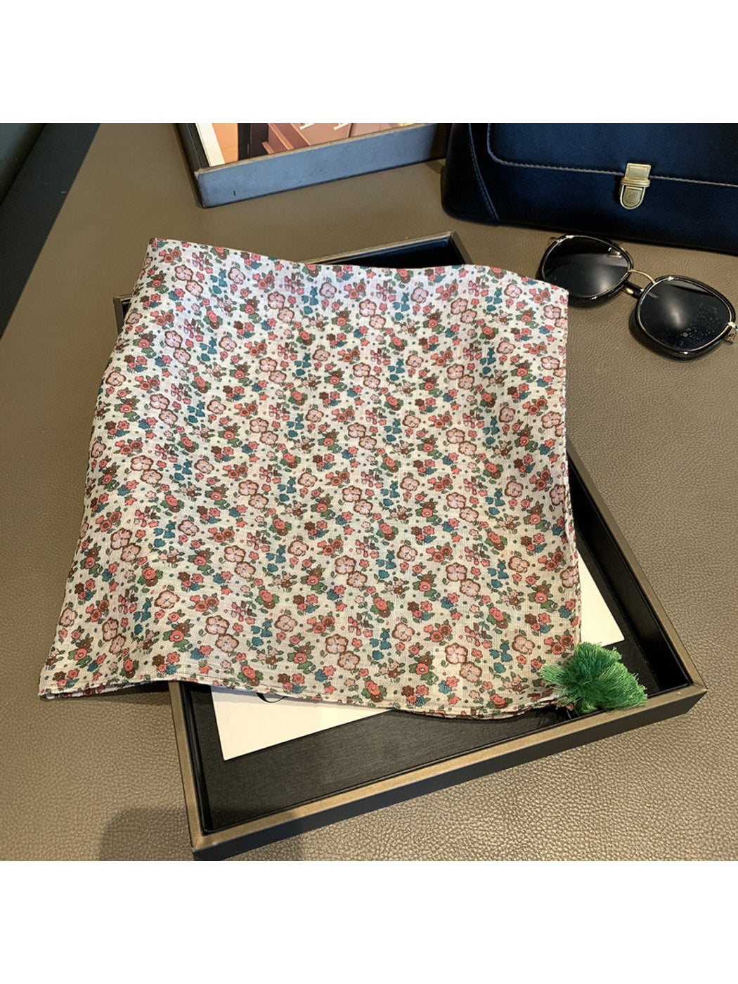 Scarvii - Allover Floral Print Tassel Square Scarf