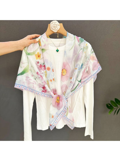 Scarvii - Soft Watercolor Floral Printed Square Scarf