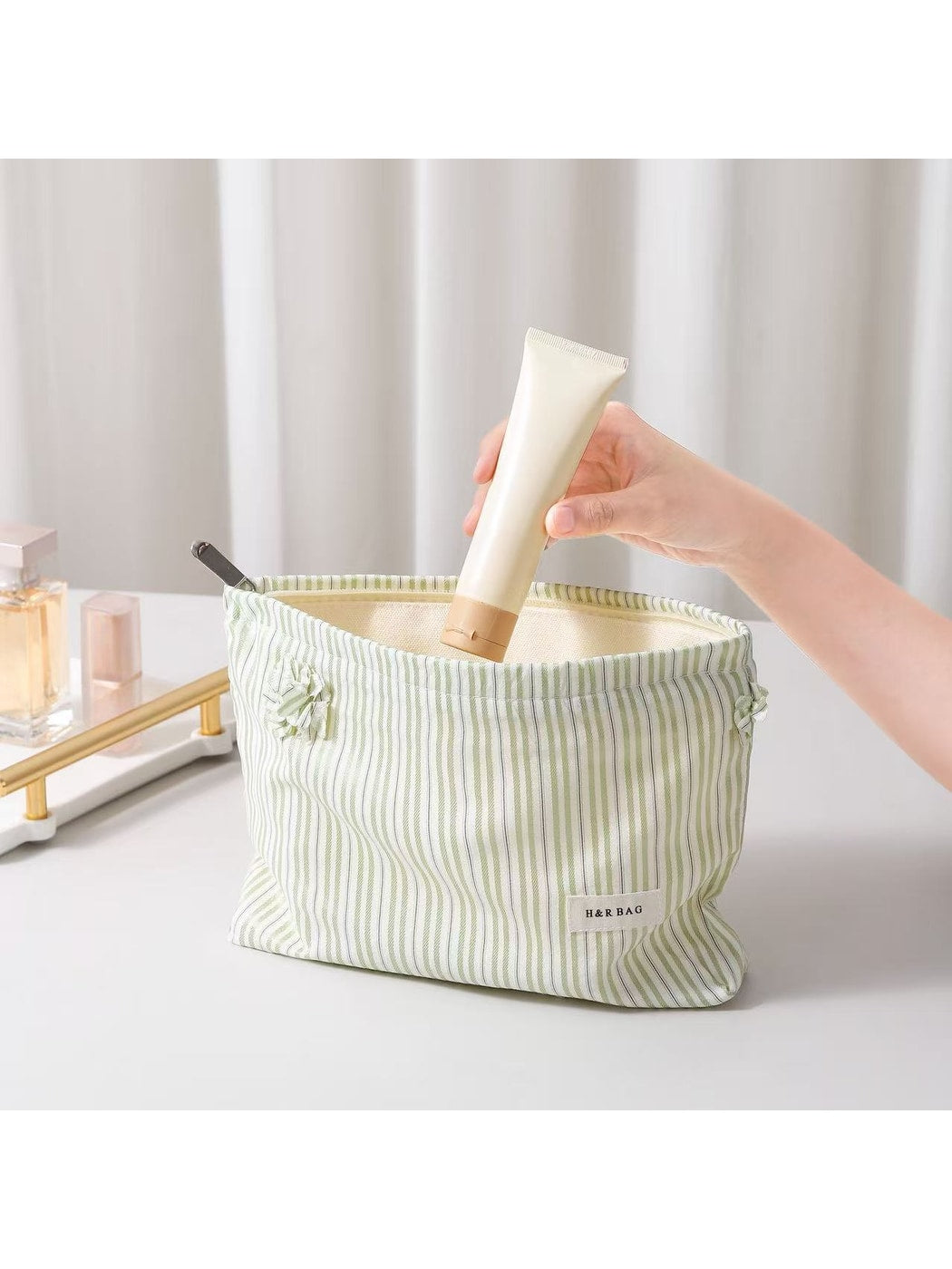 Cosbai - Floral Decorative Stripes Print Makeup Bag