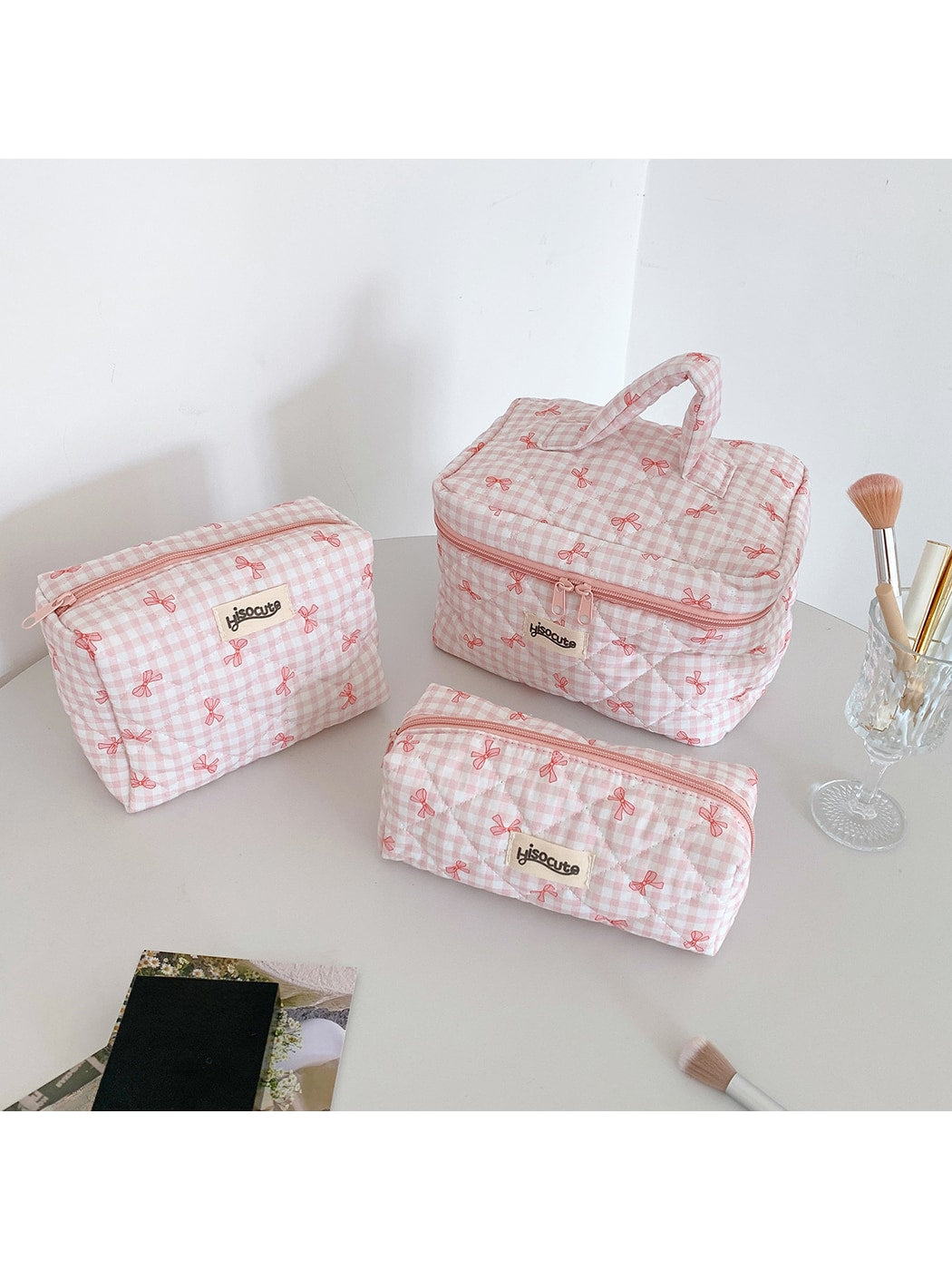 Cosbai - Plaid Bow Print Zipper Makeup Pouch Bag