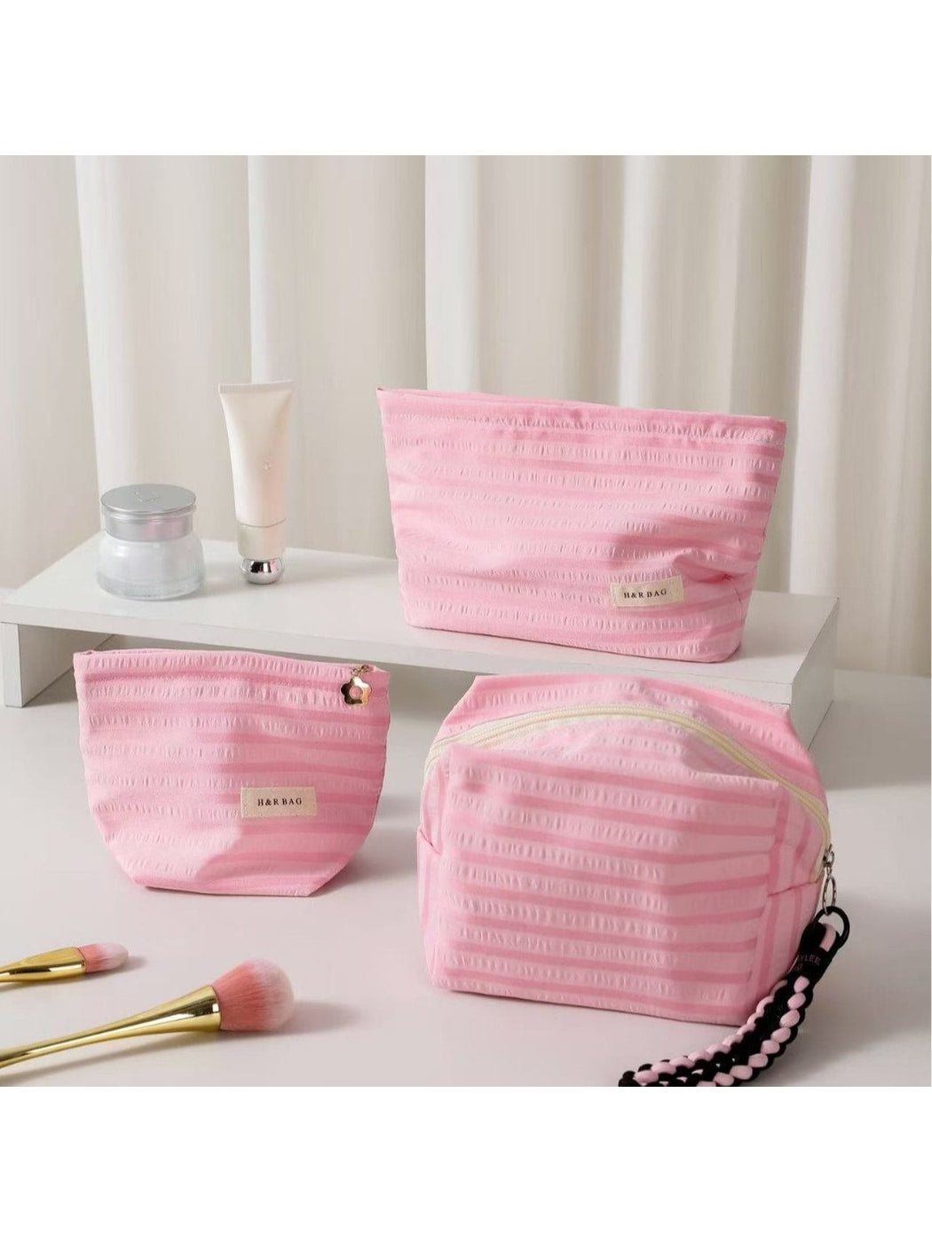 Cosbai - Striped Zipper Makeup Organizer Bag