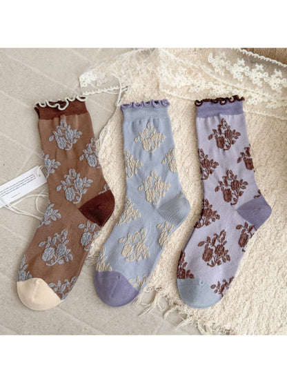 Rufia - Vintage Floral Jacquard Lettuce-Edge Socks