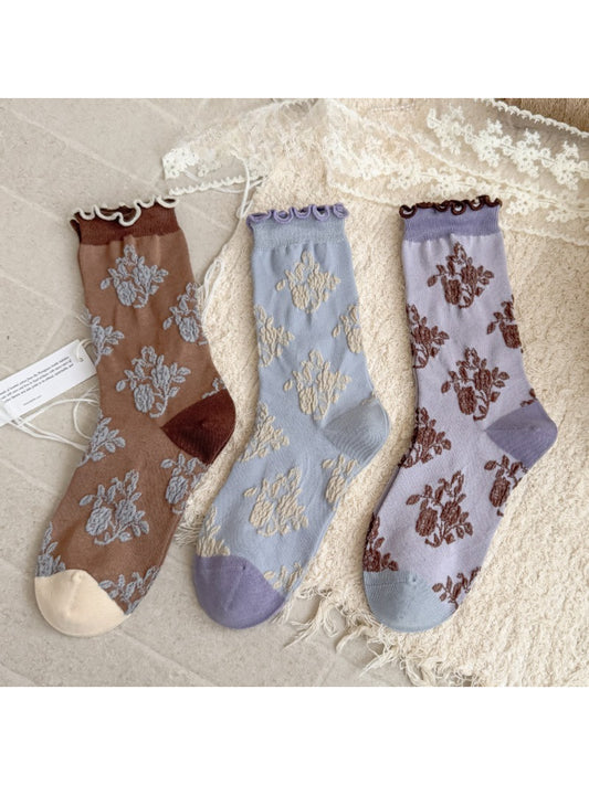 Rufia - Vintage Floral Jacquard Lettuce-Edge Socks