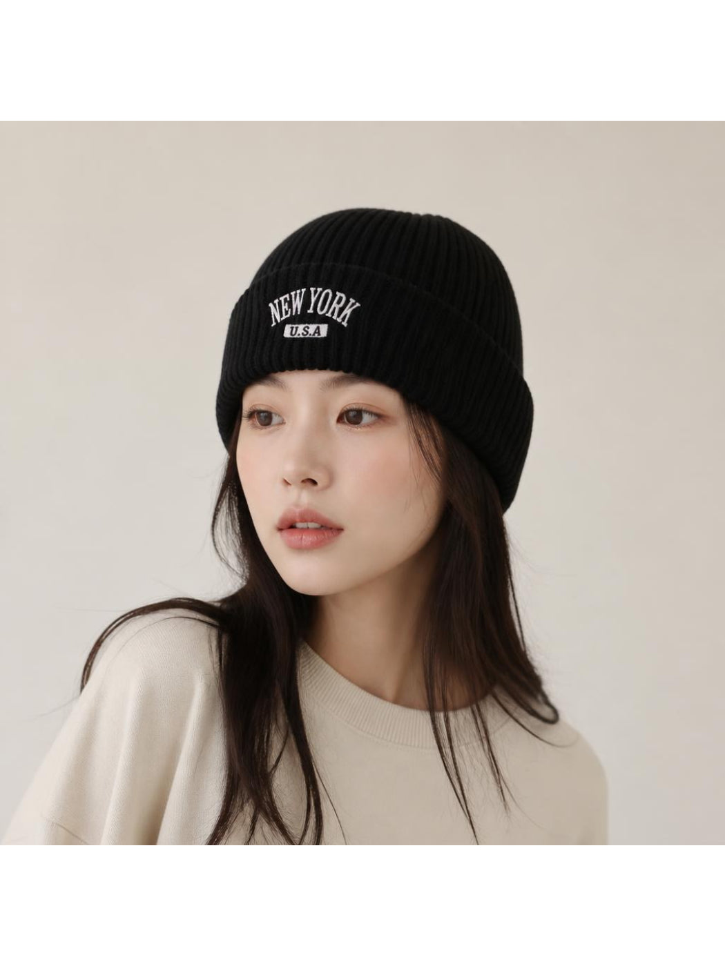 Haila New York Embroidered Ribbed Beanie