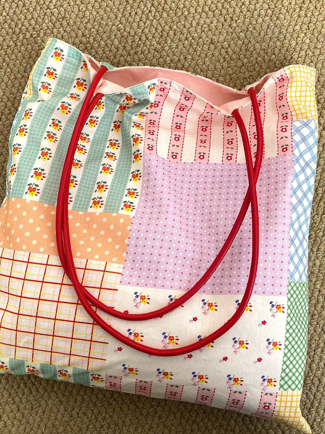 Cosbai patchwork floral tote bag folded flat to show backside patchwork pattern