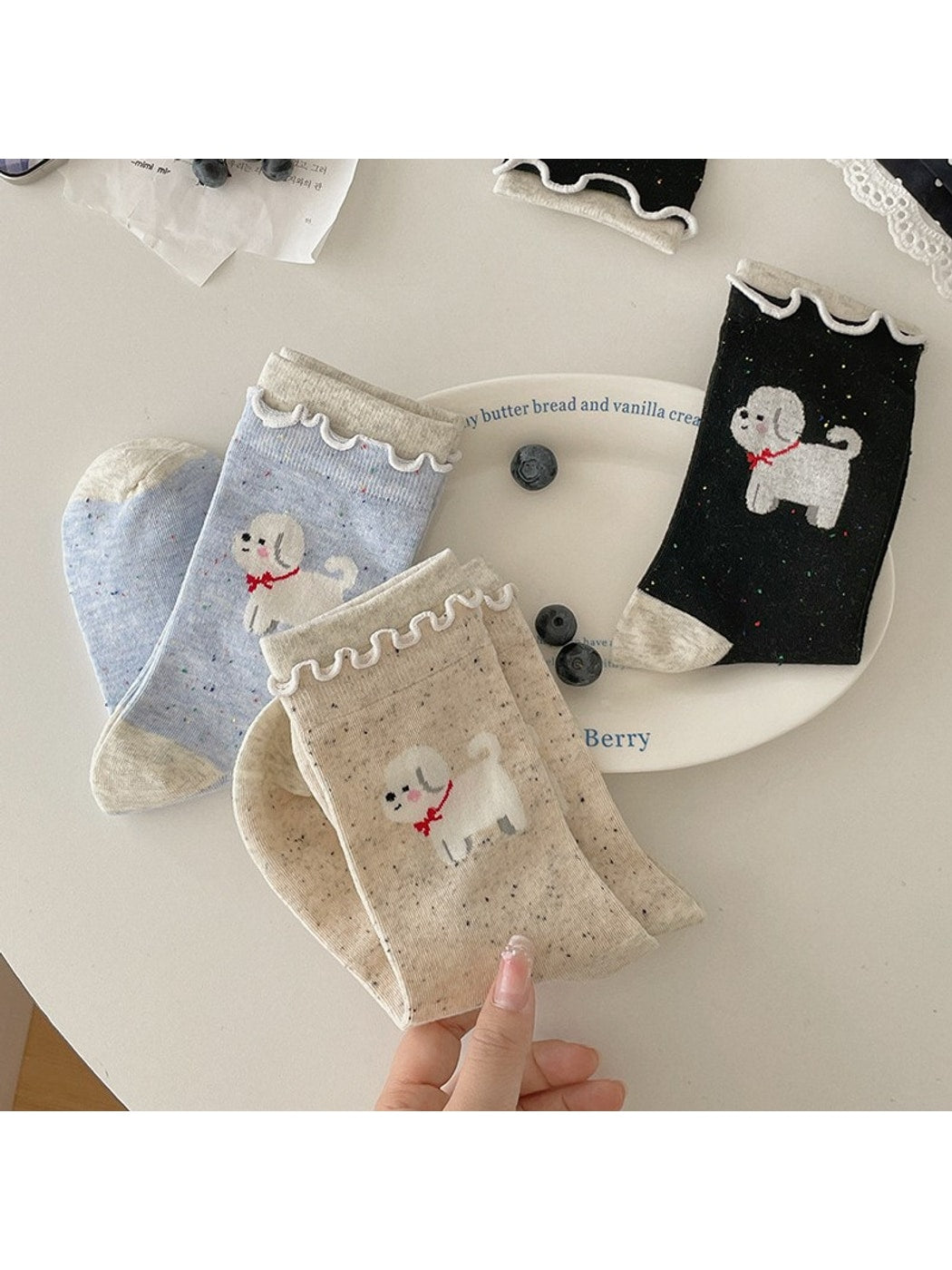 Rufia - Cartoon Dog Ruffle Cuff Casual Crew Socks