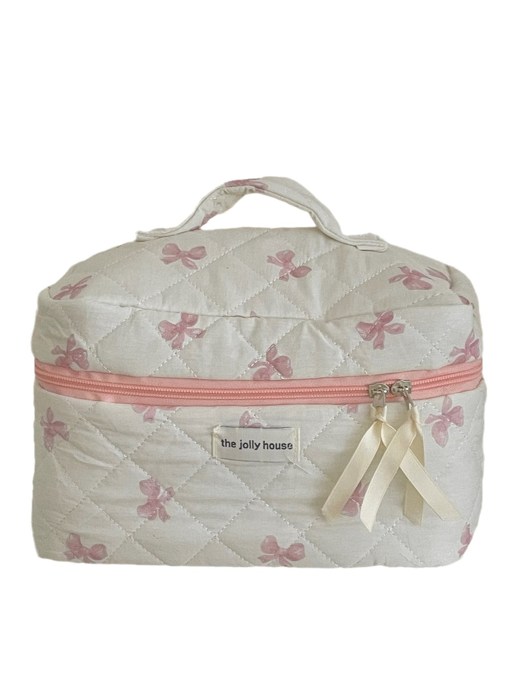 Cosbai Quilted Bow Cosmetic Case in soft pink with a large bow detail on the front