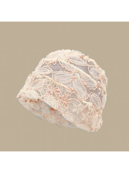 Haila - Floral Applique Mesh Cuffed Beanie