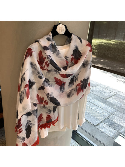 Scarvii - Feather Print Lace Edge Fashion Shawl Scarf