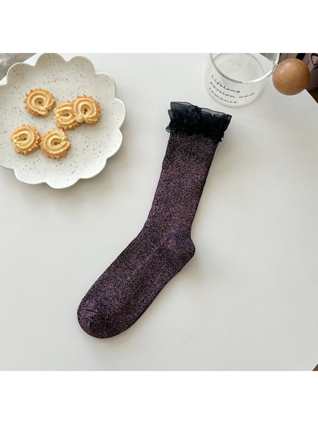Rufia purple ruffled sparkle trim crew sock
