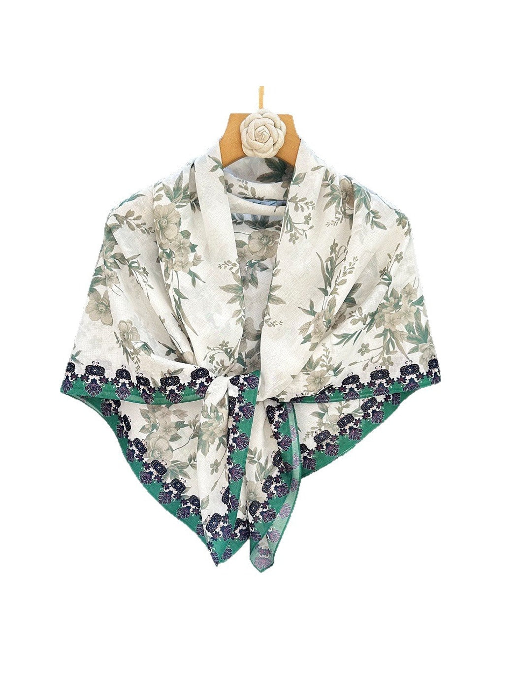 Scarvii - Botanical Print Colorblock Edge Square Scarf