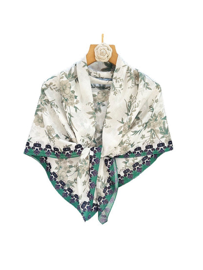 Scarvii - Botanical Print Colorblock Edge Square Scarf