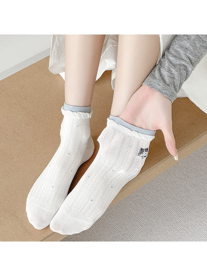 Rufia - Cute Cat Embroidery Polka Dot Ankle Socks