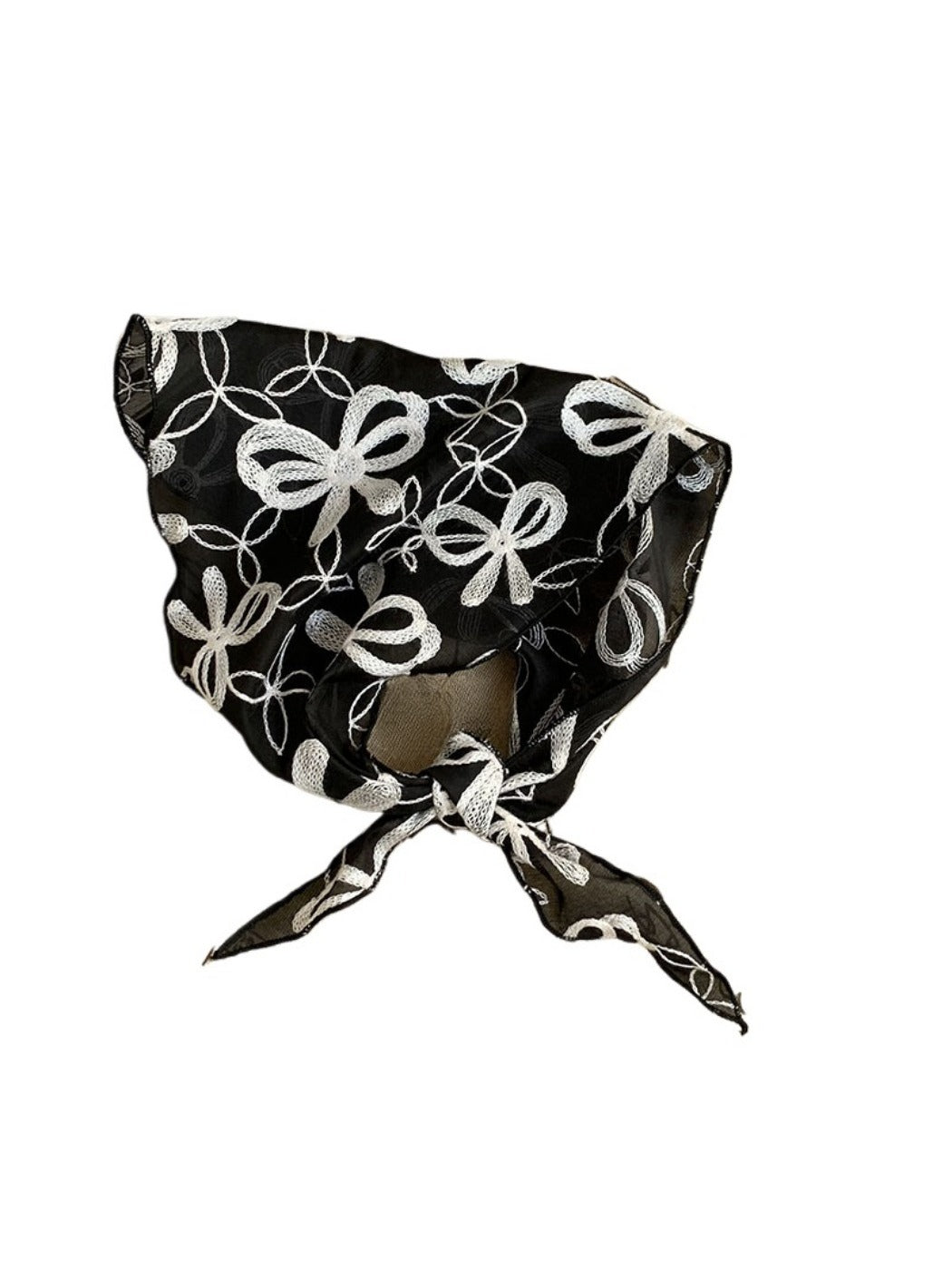 Scarvii - Bow Embroidered Sheer Triangle Scarf - Sweet & Airy