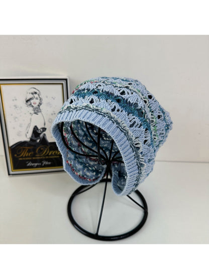 Haila - Retro Striped Cutout Knit Beanie