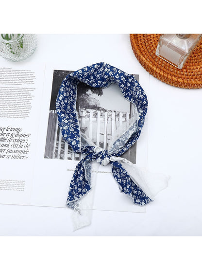 Scarvii - Floral Print Lace Trim Narrow Scarf