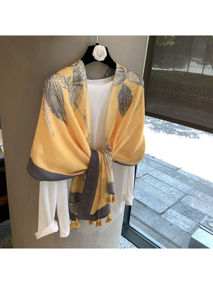 Scarvii - Floral Pattern Tassel Trim Long Scarf