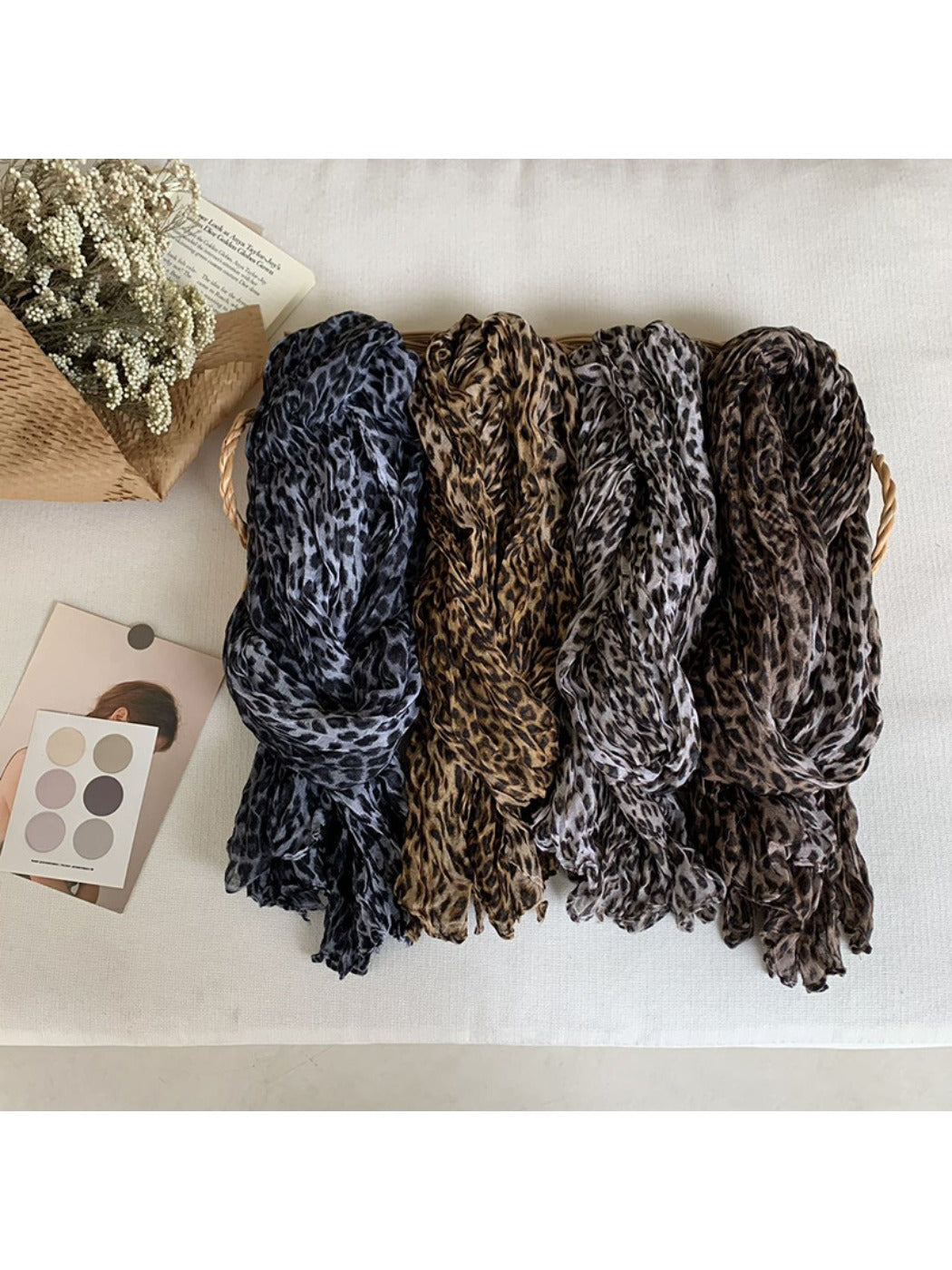 Scarvii - Crinkle Textured Scarf Shawl with Leopard Print