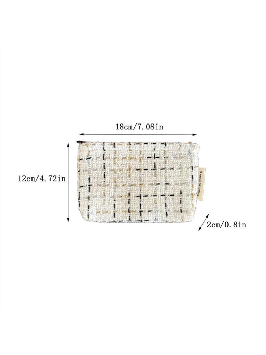 Side view of Cosbai tweed makeup organizer pouch highlighting its slim profile