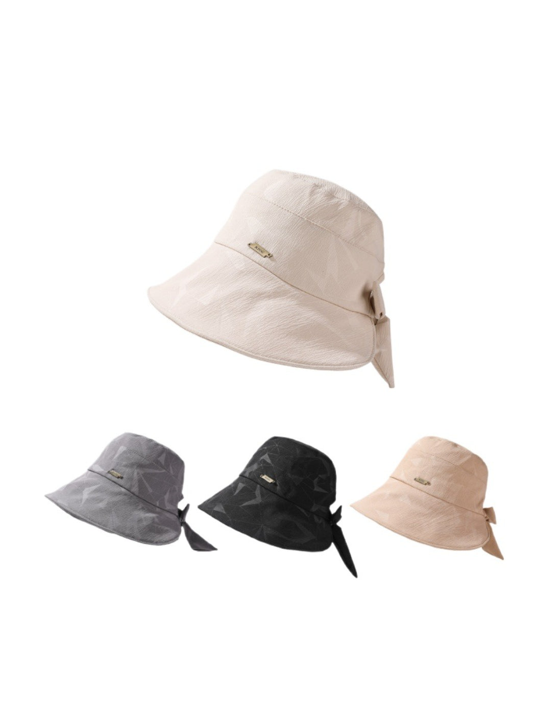 Haila textured bow bucket hat in beige, front view showing bow detail