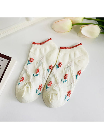 Rufia - Ruffle Cuff Floral Pattern Ankle Socks