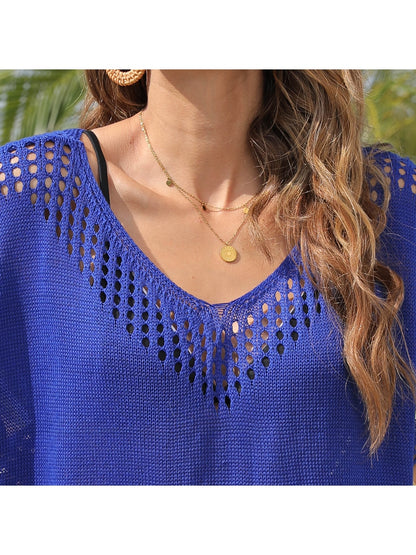 Crosa - Loose Fit V Neck Pullover Hollow Out Dress