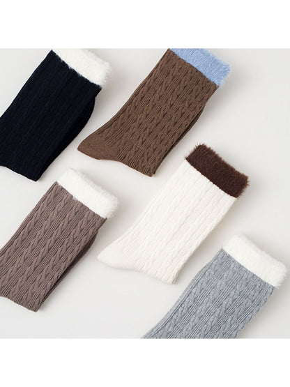 Rufia - Contrast Cuff Textured Casual Crew Socks