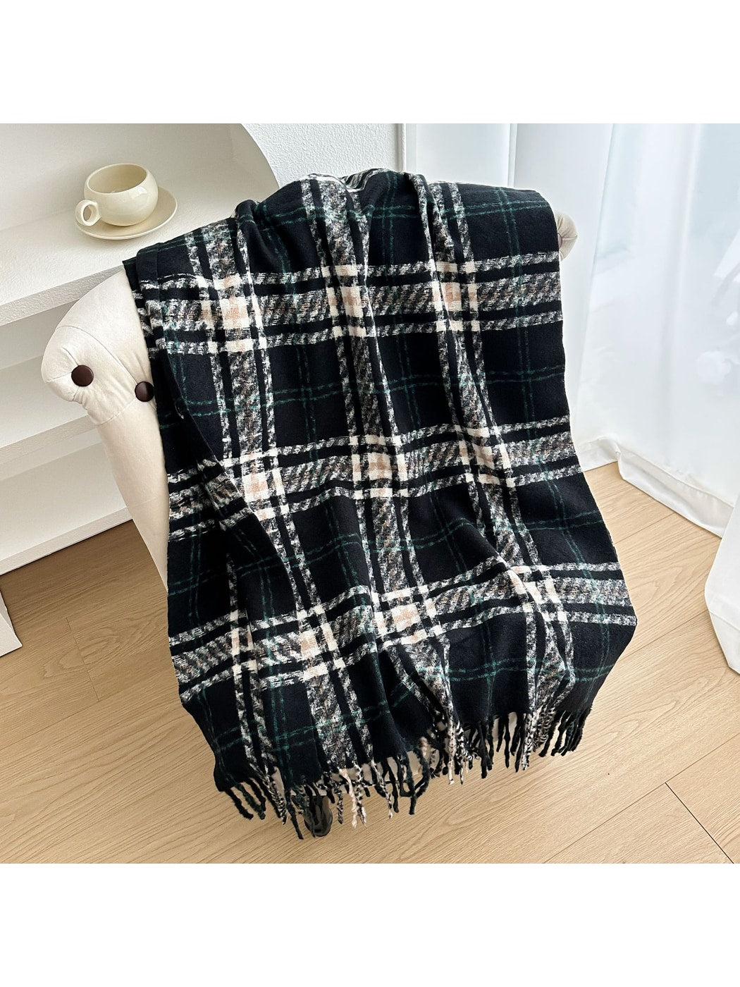 Scarvii - Contrast-Line Plaid Fringed Winter Scarf