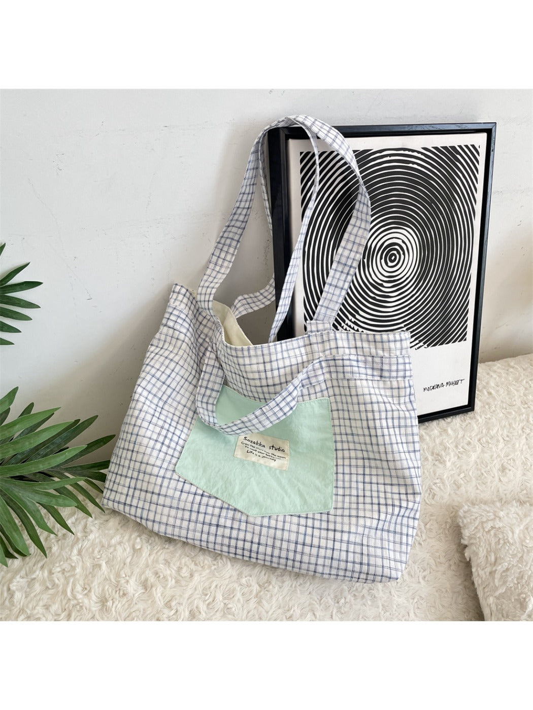 Cosbai - Patchwork Plaid Tote Bag & Shoulder Bag