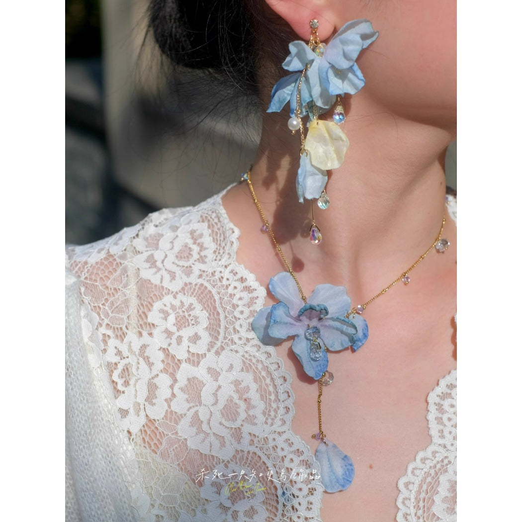 Earwish - Elegant Ocean Blue Floral Long Fringe Earrings