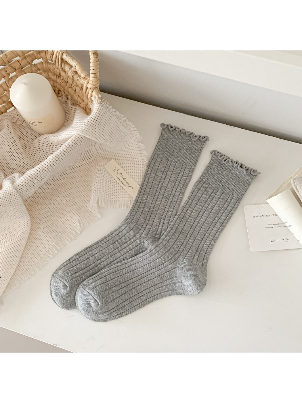 Rufia - Solid Color Ribbed Mid-Calf Socks