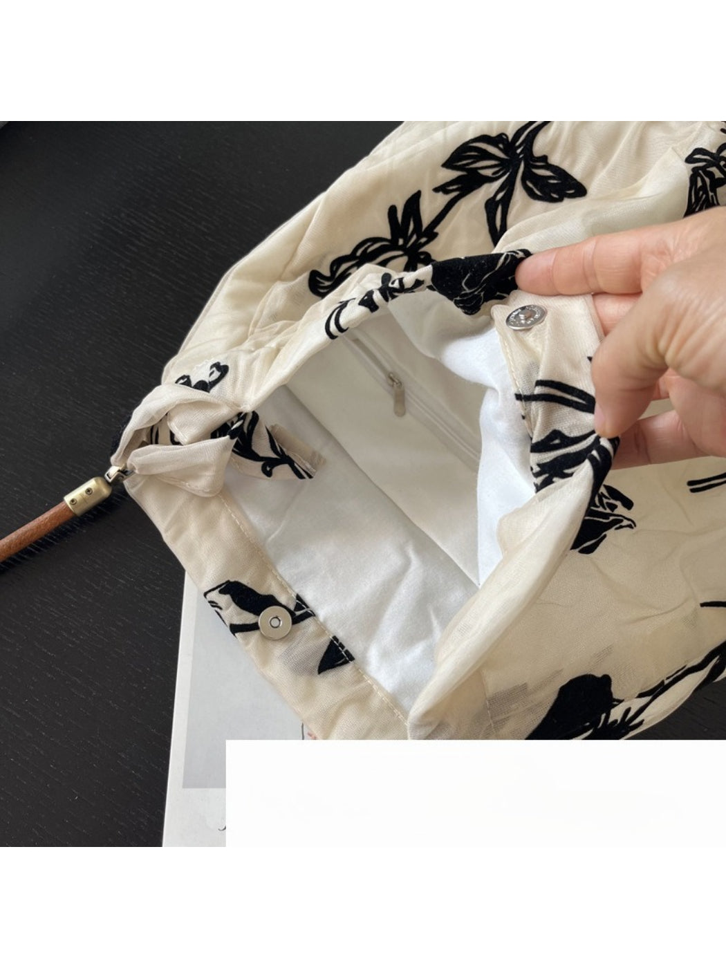 Cosbai Abstract Floral Slouch Shoulder Bag open showing interior lining