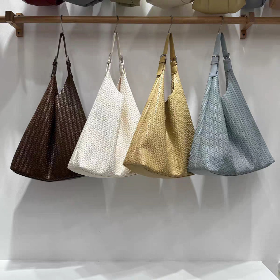 Cosbai woven slouchy hobo bag in natural beige color on white background