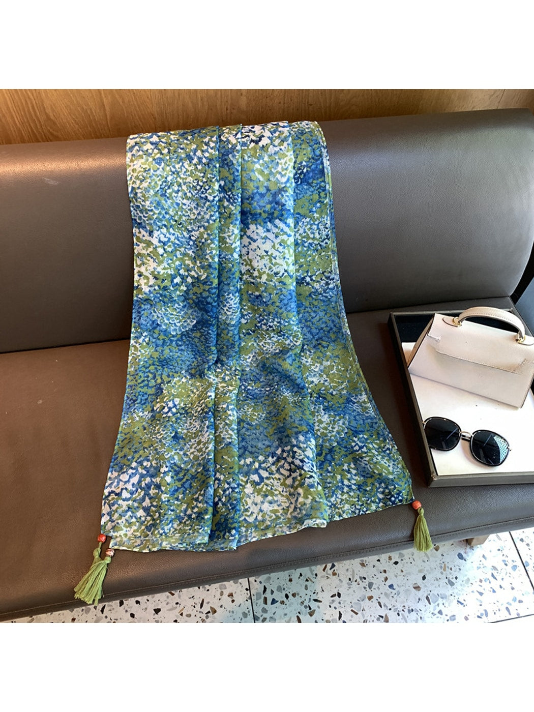 Scarvii - Blue Green Printed Plain Weave Shawl