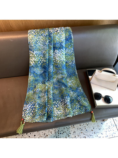 Scarvii - Blue Green Printed Plain Weave Shawl