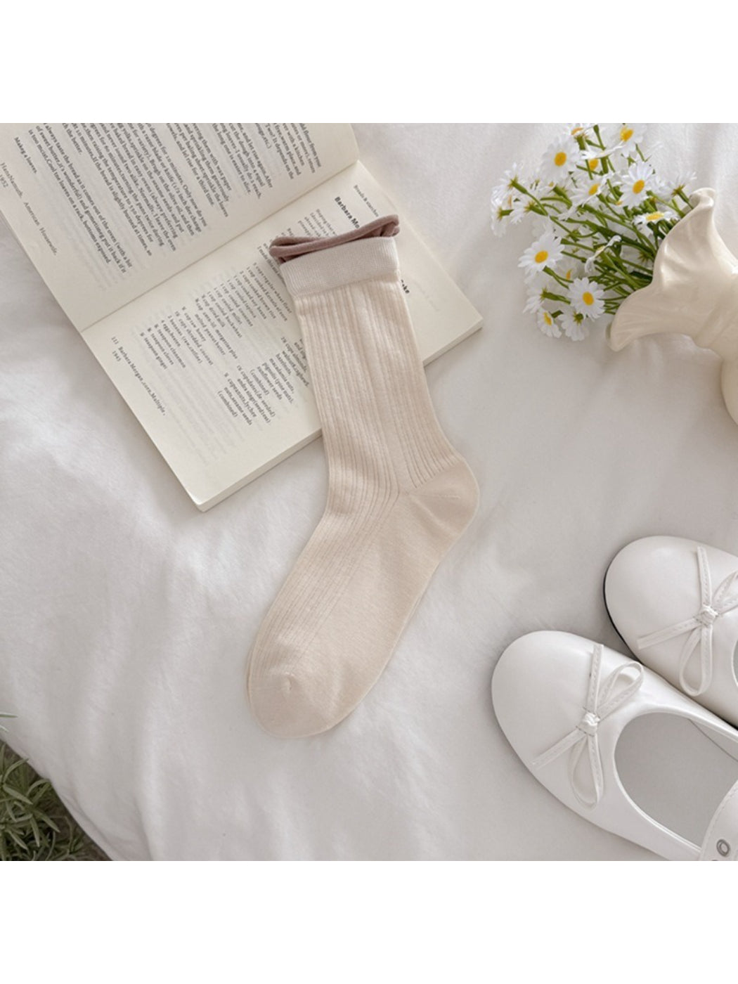 Rufia soft tone ribbed crew socks folded neatly on white background