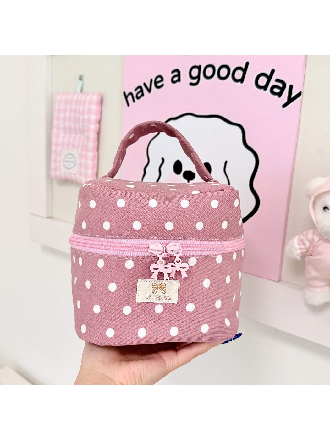 Cosbai - Cute Polka Dot Zipper Cosmetic Organizer Bag