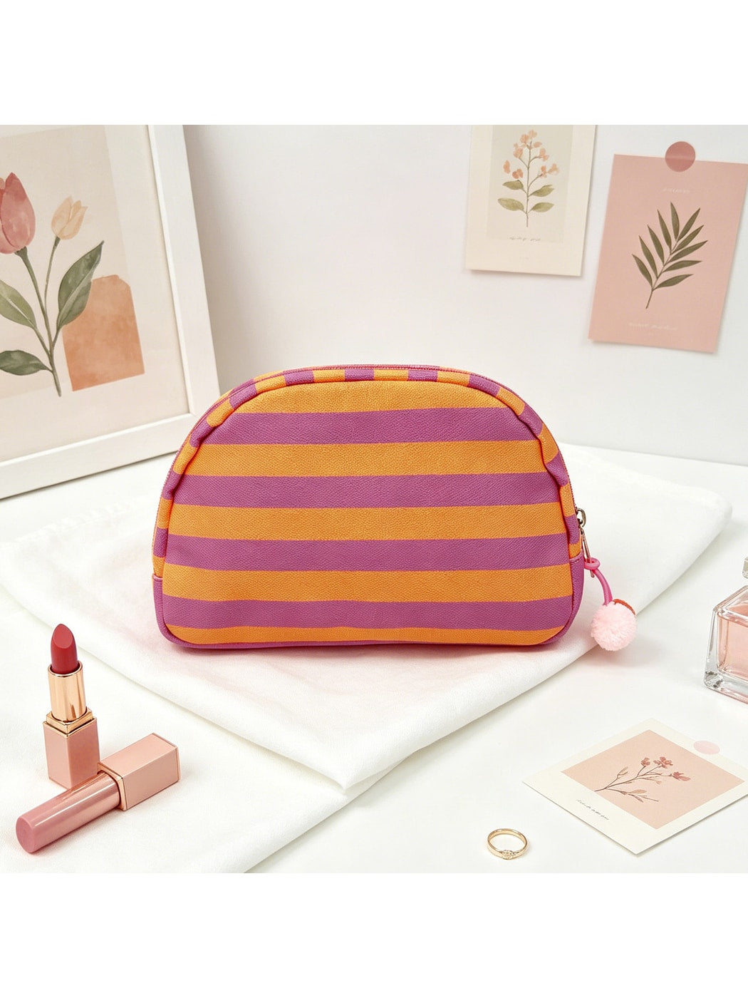 Cosbai - Striped Half-moon Cosmetic Organizer Bag