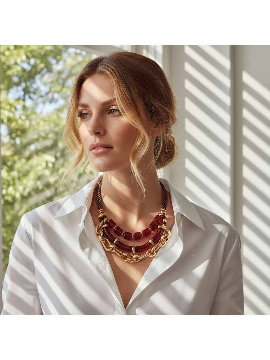 Close-up of Neckit layered chain necklace featuring red beads on a white background