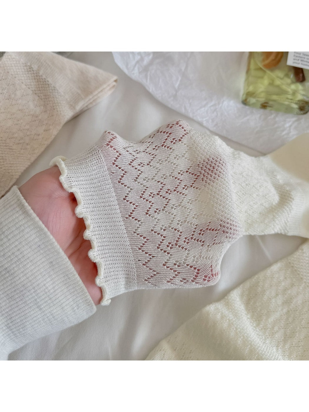 Rufia - Solid Color Ruffle Cuff Openwork Crew Socks