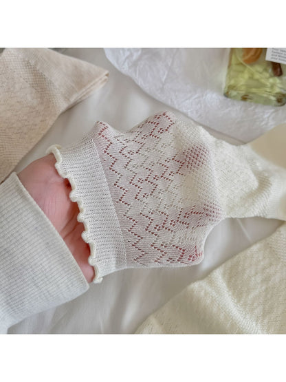 Rufia - Solid Color Ruffle Cuff Openwork Crew Socks
