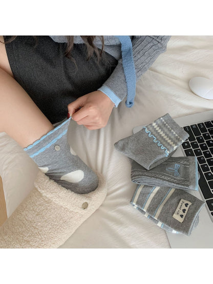 Rufia - Gray Base Pattern Ruffle Crew Socks