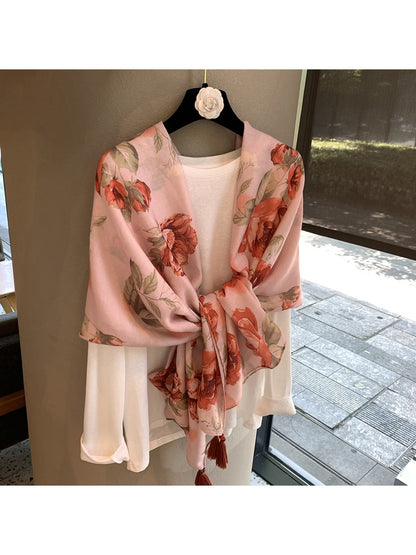 Scarvii - Pink Floral Printed Tassel Trim Scarf