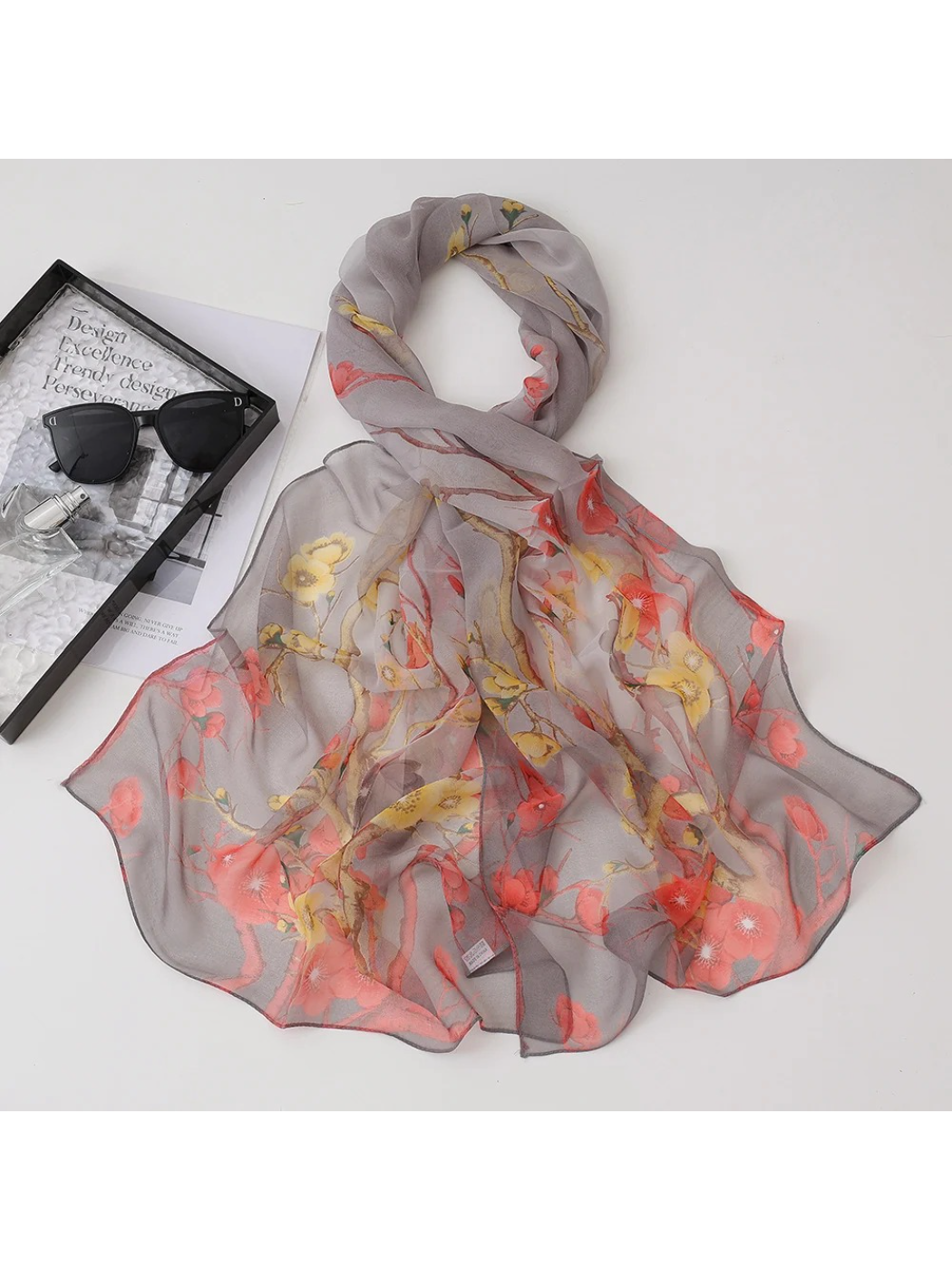 Scarvii - Floral Branch Print Sheer Long Scarf