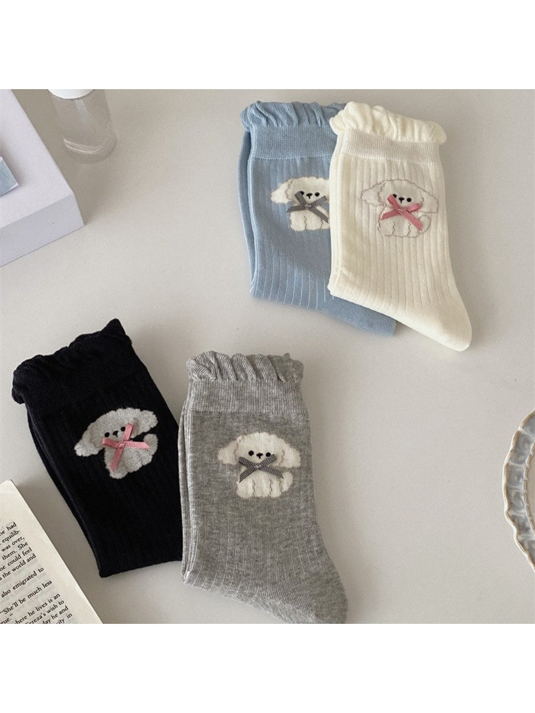 Rufia - Cute Dog Pattern Ruffle Trim Crew Socks
