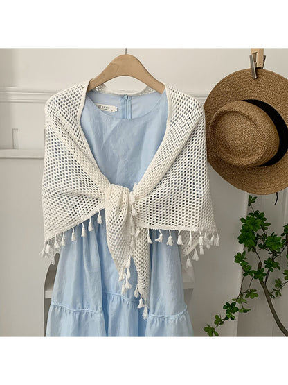 Scarvii - Openwork Tassel Trim Layering Wrap Scarf