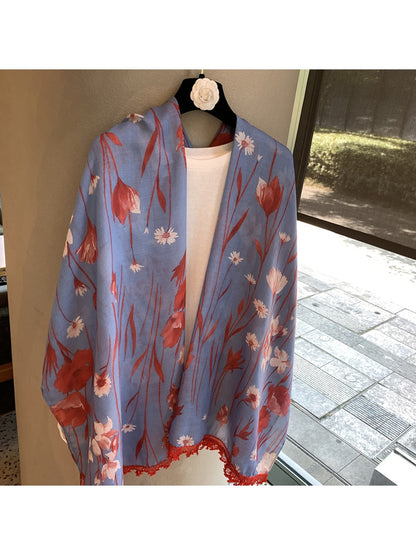Scarvii - Floral Lace Edge Draped Shawl Scarf