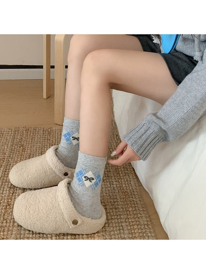 Rufia - Preppy Argyle Bow Pattern Crew Socks